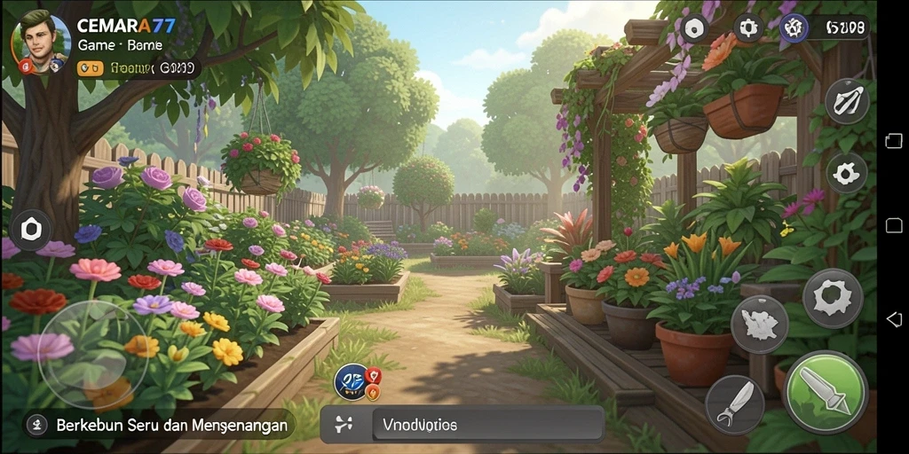 Tampilan gameplay seru CEMARA77 dengan aktivitas berkebun.
