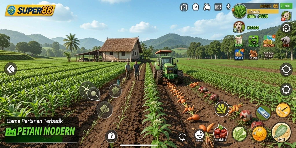 Screenshot gameplay <strong>SUPER88</strong> menampilkan aktivitas bertani yang menyenangkan dan interaktif.
